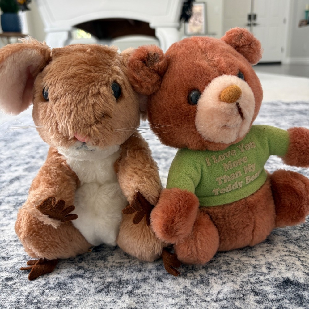 Russ Berrie Vintage Plush Mouse and Teddy Bear Set Small Brown Green Shirt 680